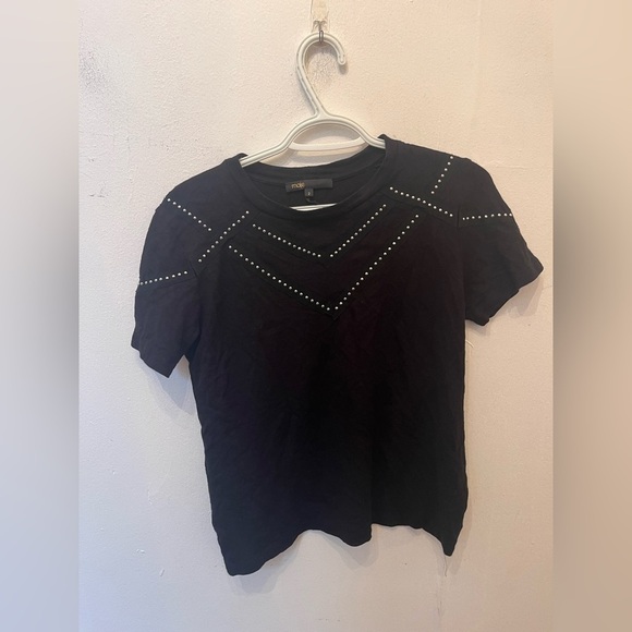 Maje Tabloid Pull On Short Sleeve Blouse Black Rhinestone Size 2 - Picture 2 of 4